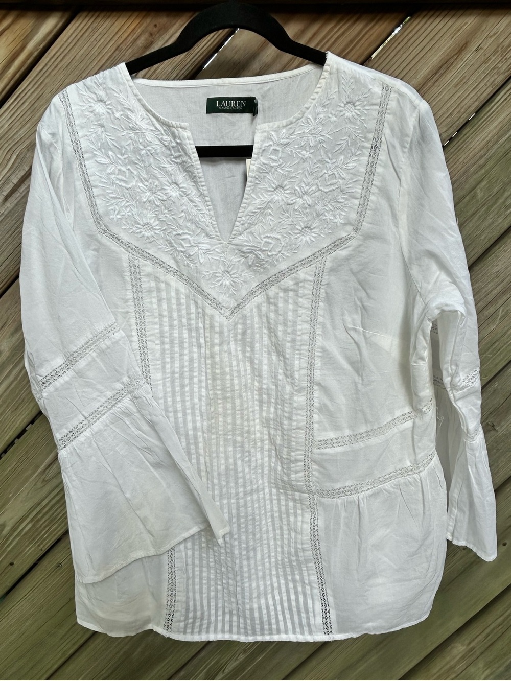 Lauren White Embroidered, Lace & Pintucked V-Neck Peasant Blouse Bell Sleeves 1X